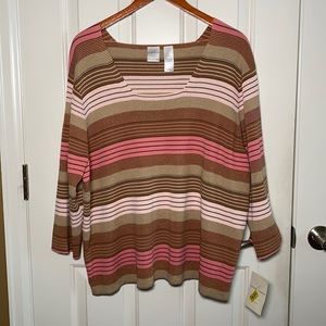 Emma James Striped Sweater Brown Cream Pink Square Neck Plus Size 3X NWT